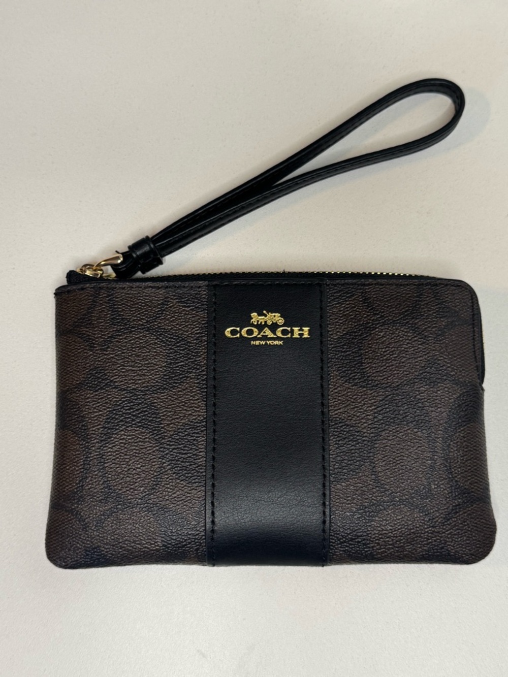 Coach Signature PVC Small Wristlet Brown Black Stripe Zip Pouch